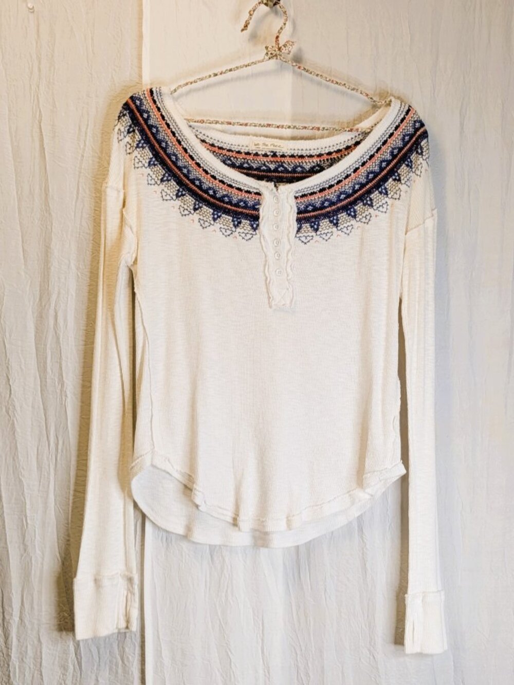 Free People Womens Large Fair Isle Embroidered Henley